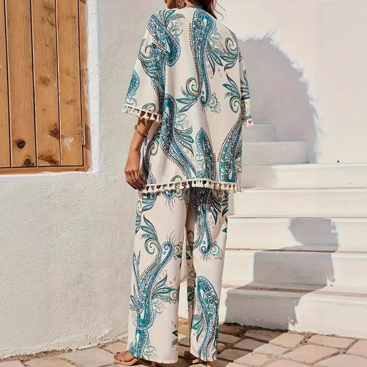 Schickes bedrucktes Andrea Serena Cardigan-Hosen-Set