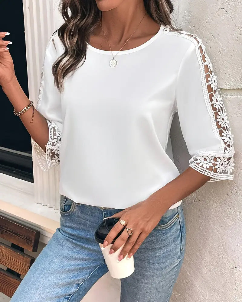 Andrea's™ | T-Shirt Einfarbig Loch Haken Patchwork