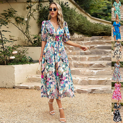 Andrea's™ | V-Ausschnitt Bedrucktes Maxikleid mit kurzen Ärmeln
