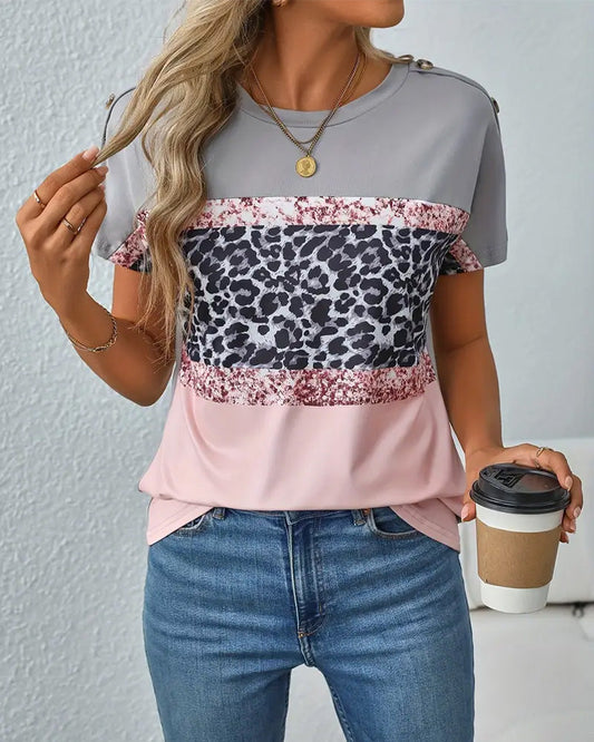 Andrea's™ | T-Shirt Rundhalsausschnitt Leopardenmuster Farbblock