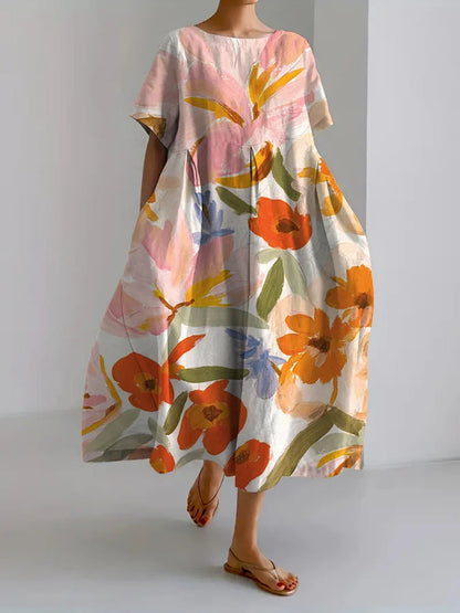 Kunstvoll geblümtes Andrea Serena Sommer-Midikleid