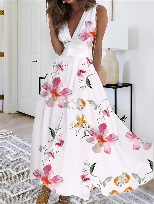 Andrea's™ | Ärmelloses Blumiges V-Ausschnitt Kleid