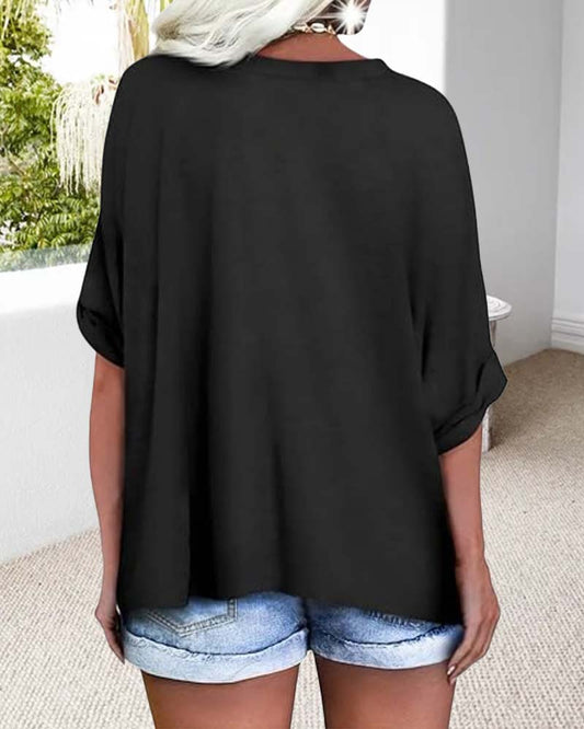 Andrea's™ | T-Shirt V-Ausschnitt Gerollter Saum Kurzärmlig Weit