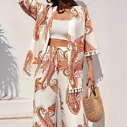 Schickes bedrucktes Andrea Serena Cardigan-Hosen-Set