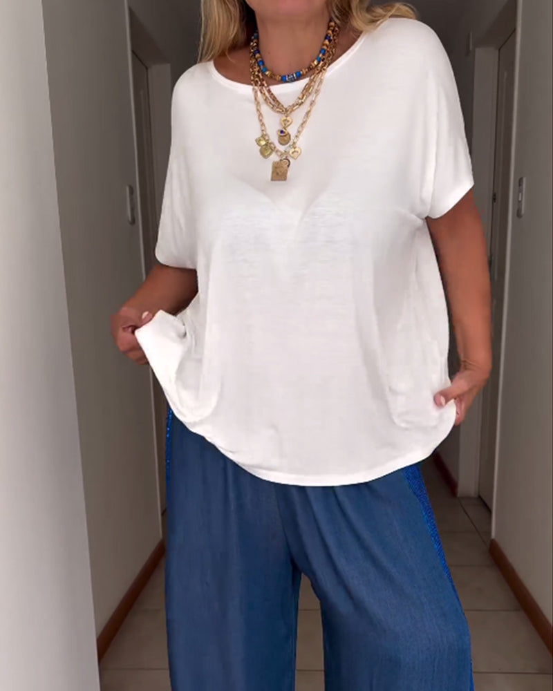 Andrea's™ | Einfarbiges kurzarm-t-shirt mit rundhalsausschnitt