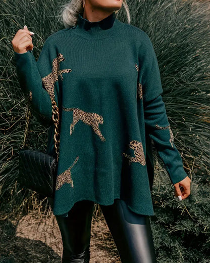 Andrea's™ | Pullover hoher Kragen locker Leopardenmuster