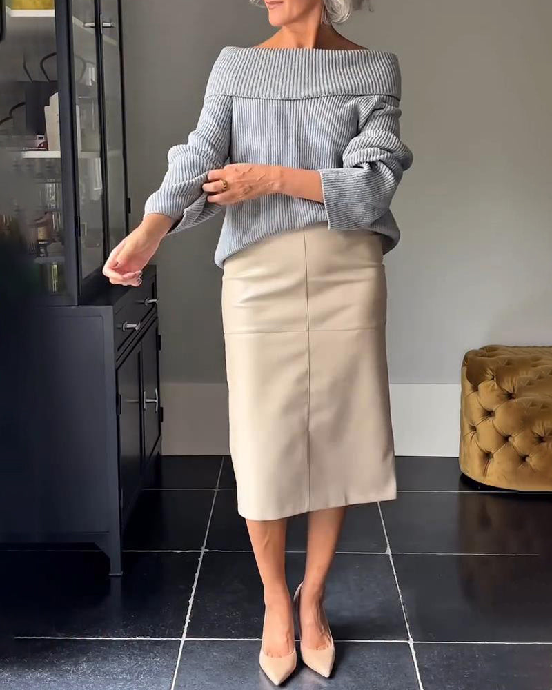 Andrea's™ | Unifarbener langärmeliger Ein-Schulter-Pullover