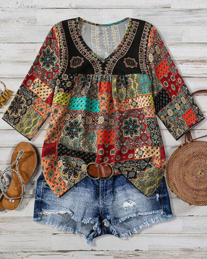 Andrea's™ | Plisierter T-Shirt Mit Vintage-Muster