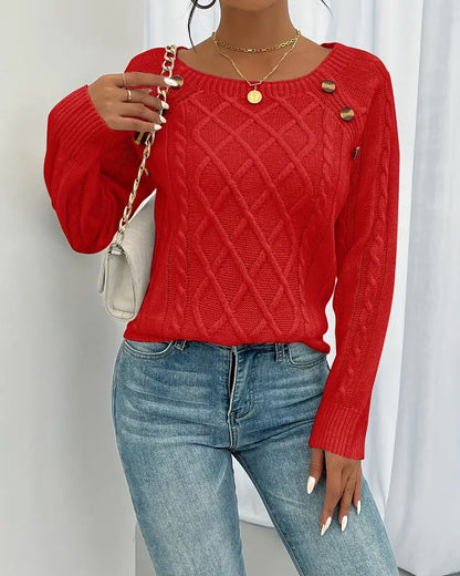 Andrea's™ | Pullover Uni Raglanärmel Schnalle Zopfmuster