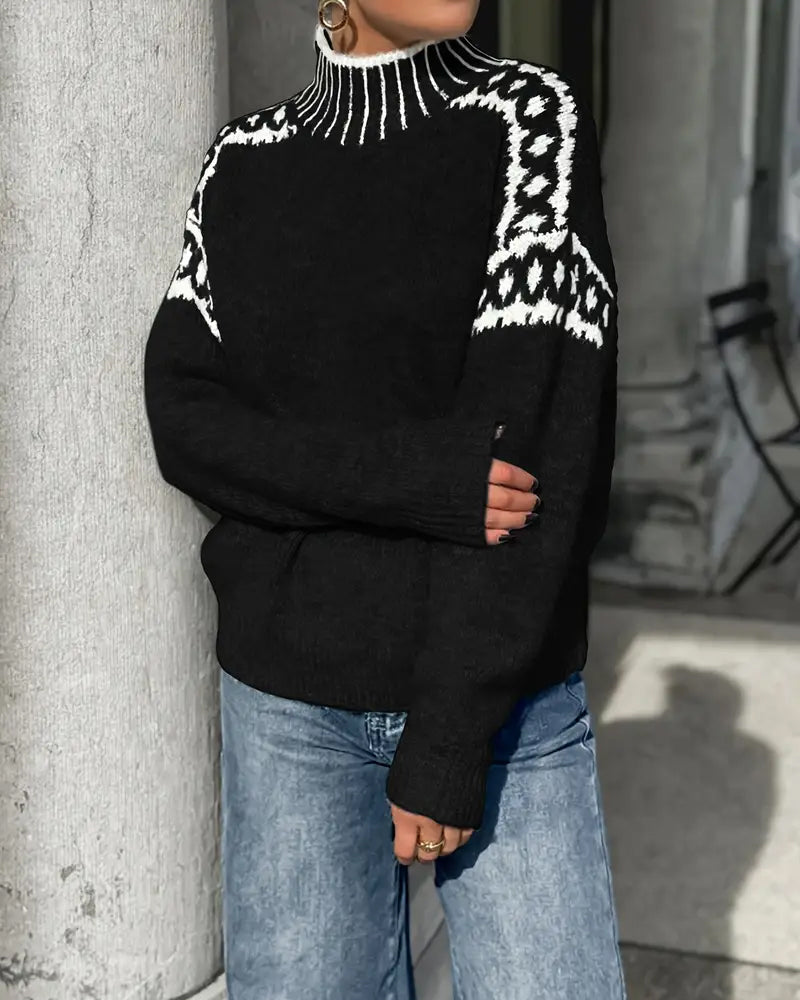 Andrea's™ | Pullover Stehkragen Gemustert Kontrast
