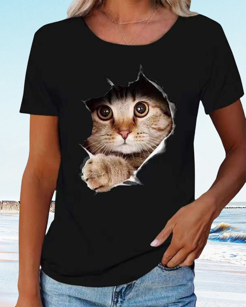 Andrea's™ | T-Shirt mit zerrissenem Katzen-Print