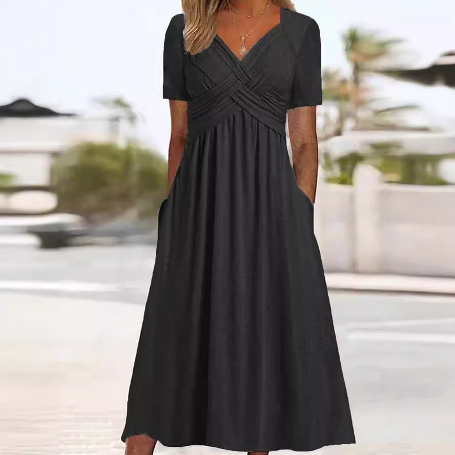 Andrea's™ | Kurzarm-Plisseekleid mit V-Ausschnitt