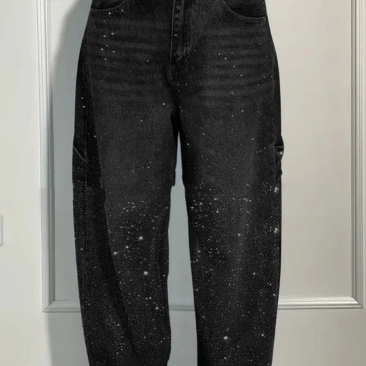 Andrea's™ | Glänzende, locker geschnittene Jeans mit weitem Bein und Taschen