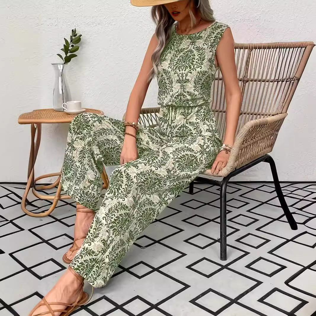 Damen-Set aus bedrucktem, ärmellosem Top und weit geschnittener Hose