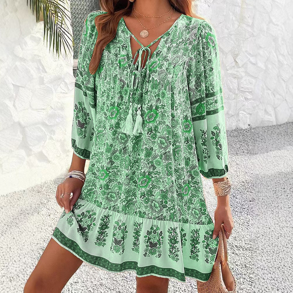 Boho-Blumenkleid von Andrea Serena mit V-Ausschnitt, Midi-Länge