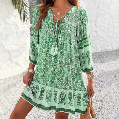 Boho-Blumenkleid von Andrea Serena mit V-Ausschnitt, Midi-Länge