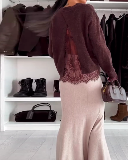 Andrea's™ | Pullover mit Spitzenpanel und Rundhalsausschnitt