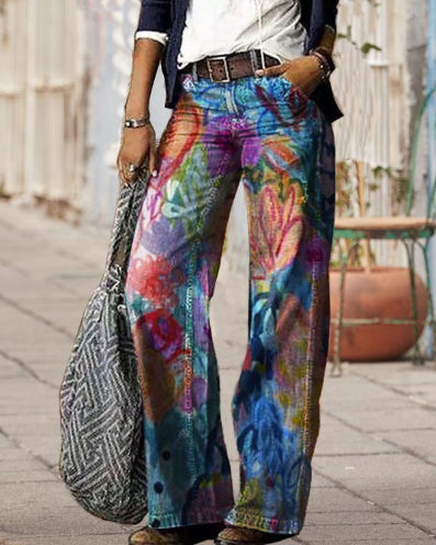 Künstlerische, blumengemusterte Hose mit weitem Bein von Andrea Serena