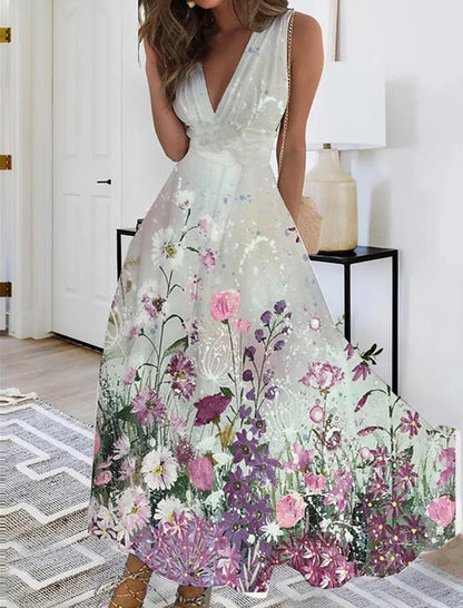 Andrea's™ | Ärmelloses Blumiges V-Ausschnitt Kleid