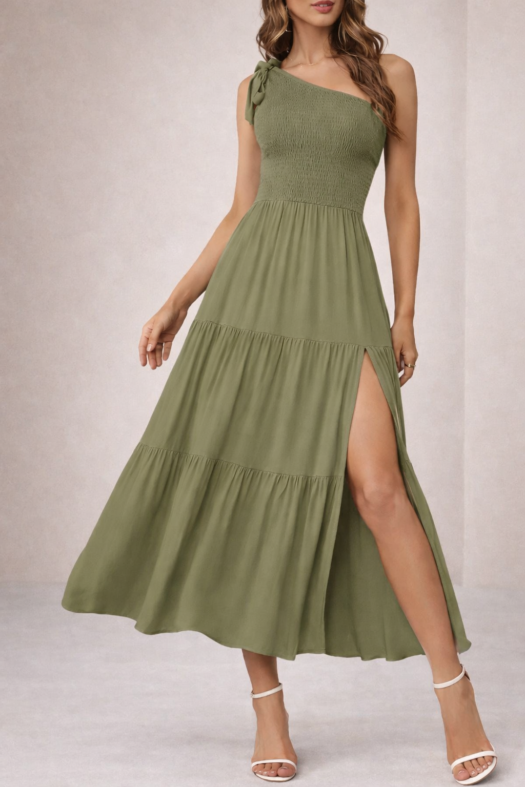 Andrea's™ |  Sommermode Ein-Schulter-Kleid mit plissiertem, geschichtetem Saum, geteilt