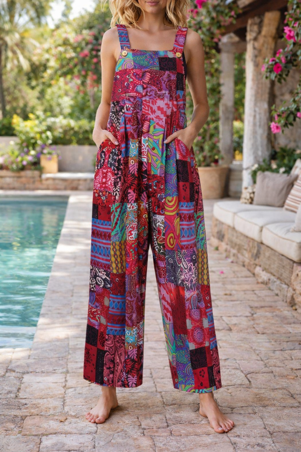 Andrea Serena Jumpsuit mit floralem Patchwork-Muster und Hosenträgern