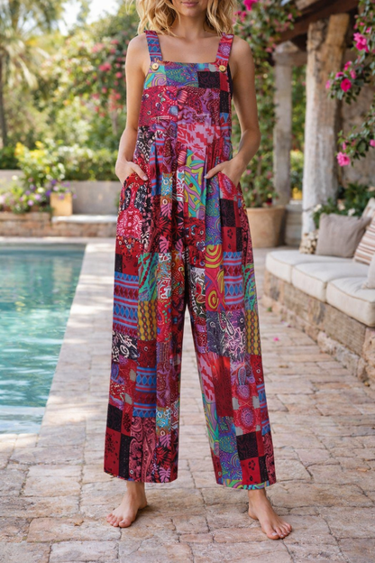 Andrea Serena Jumpsuit mit floralem Patchwork-Muster und Hosenträgern
