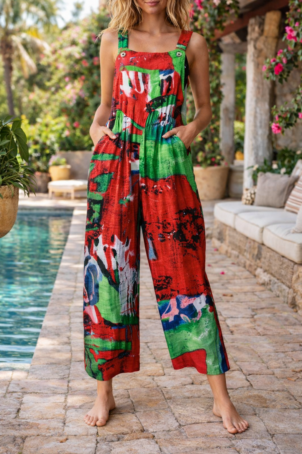 Andrea Serena Jumpsuit mit floralem Patchwork-Muster und Hosenträgern