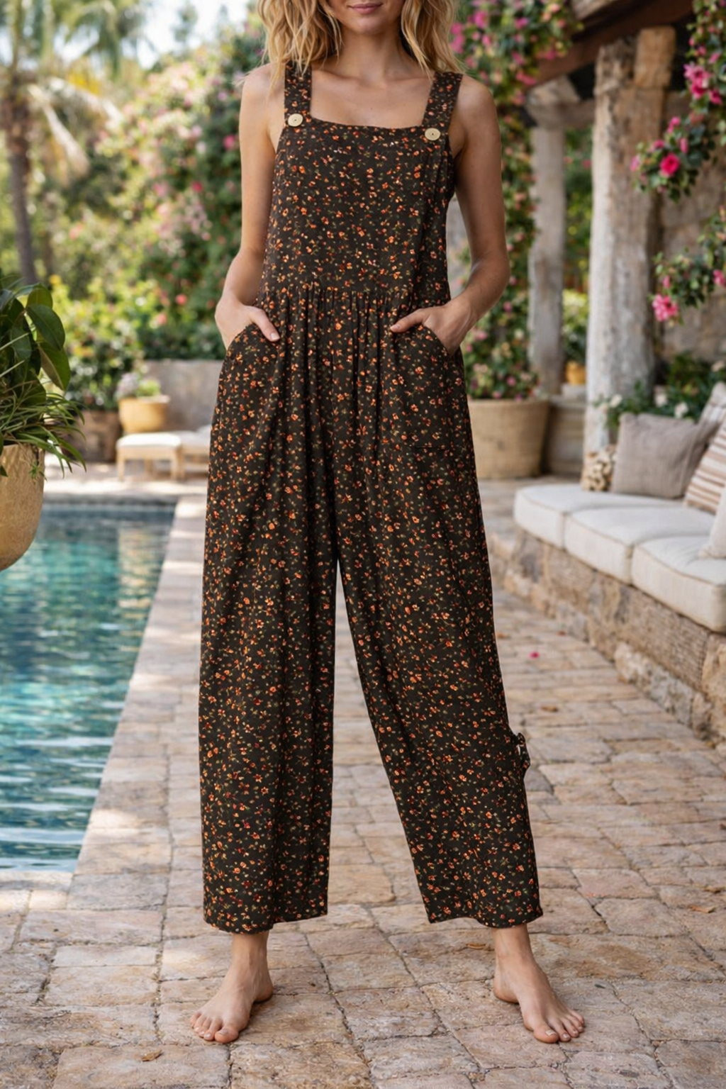Andrea Serena Jumpsuit mit floralem Patchwork-Muster und Hosenträgern