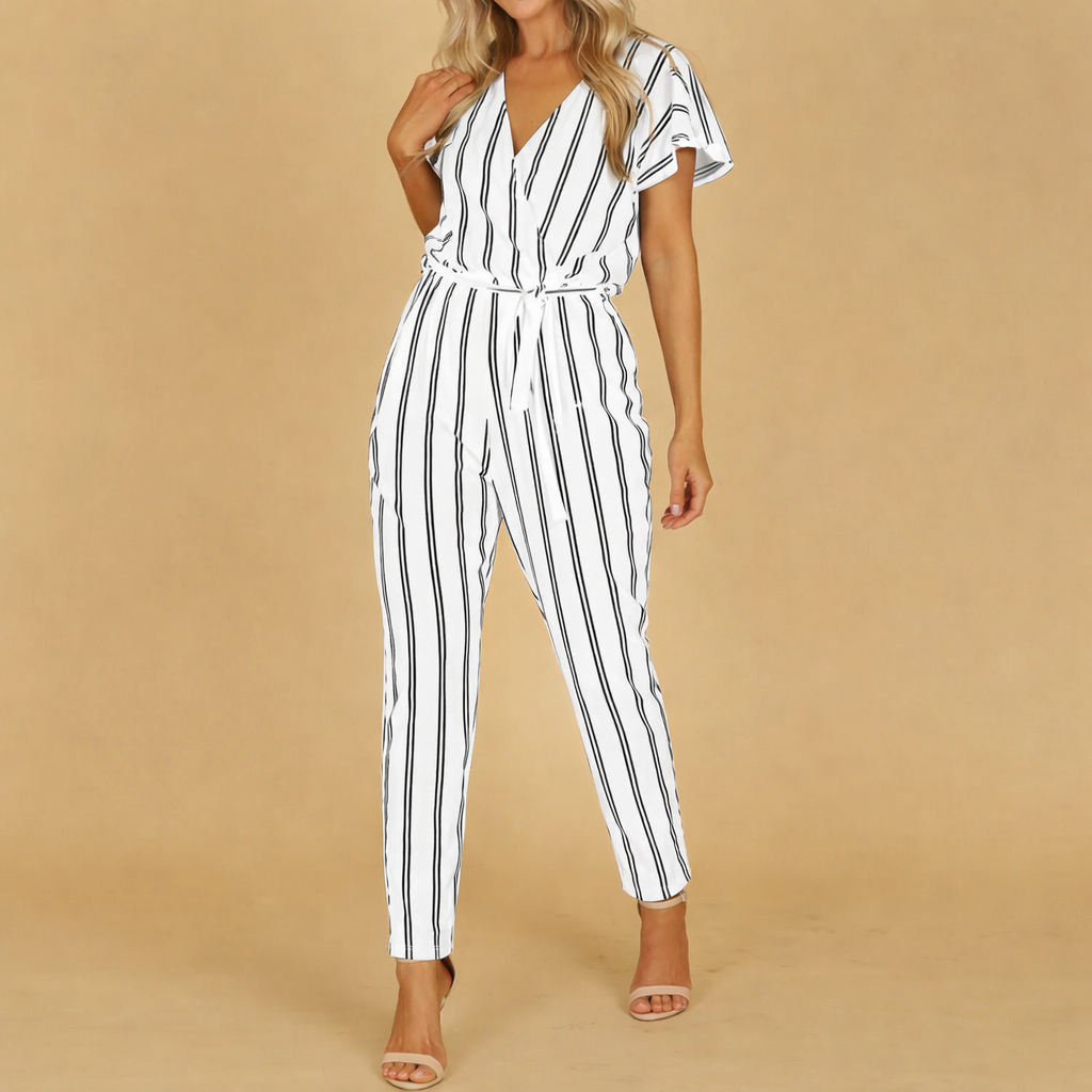 Schicker gestreifter Andrea Serena Jumpsuit mit V-Ausschnitt und Neckholder