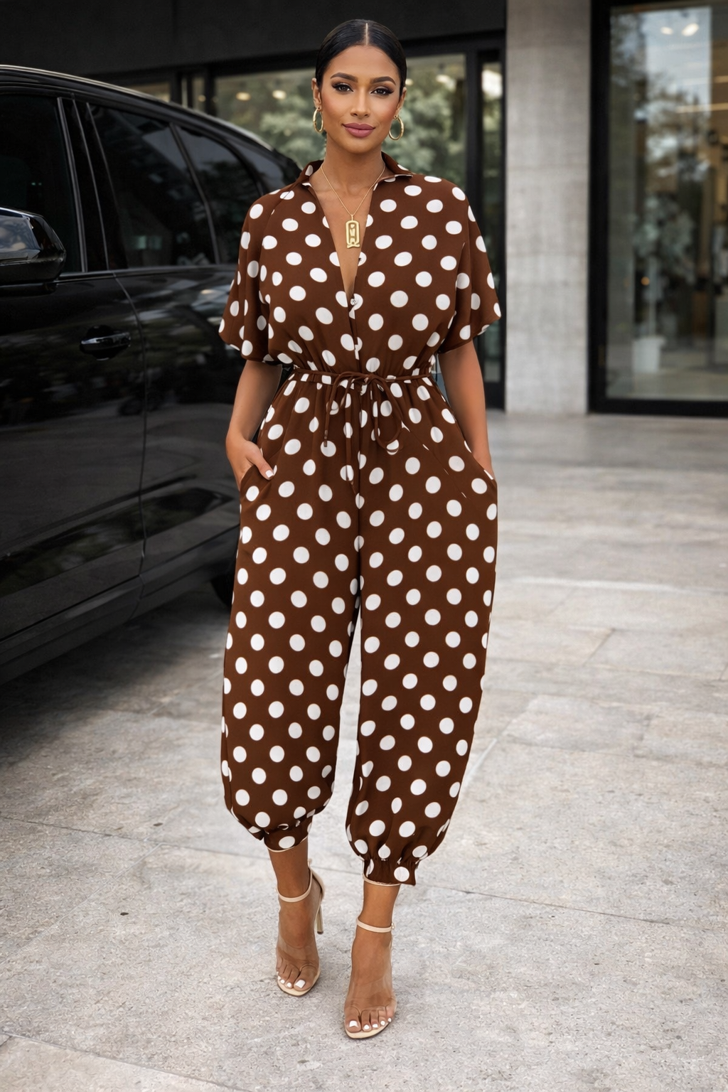 Schicker Jumpsuit mit Print von Andrea Serena, kurzärmelig