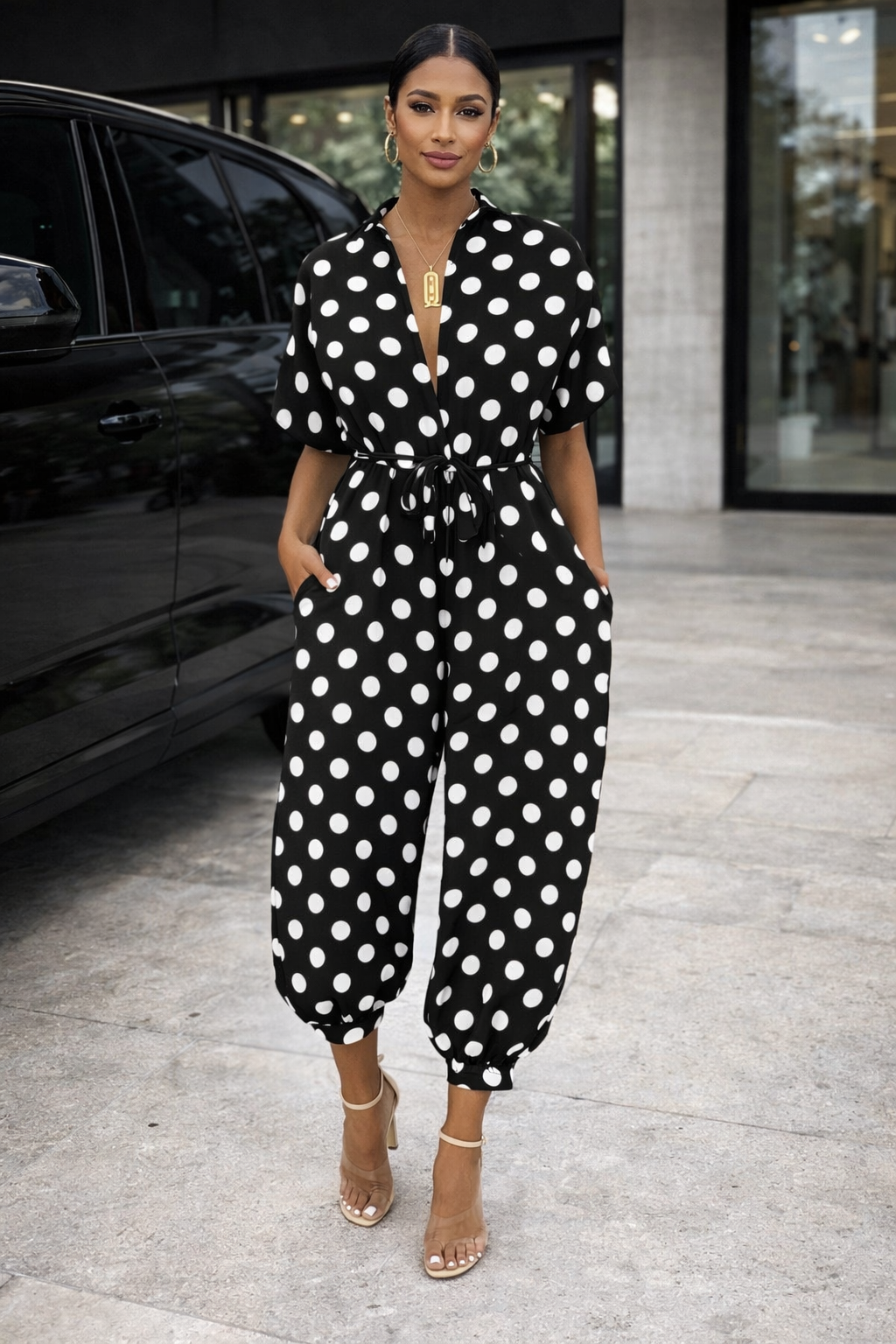 Schicker Jumpsuit mit Print von Andrea Serena, kurzärmelig