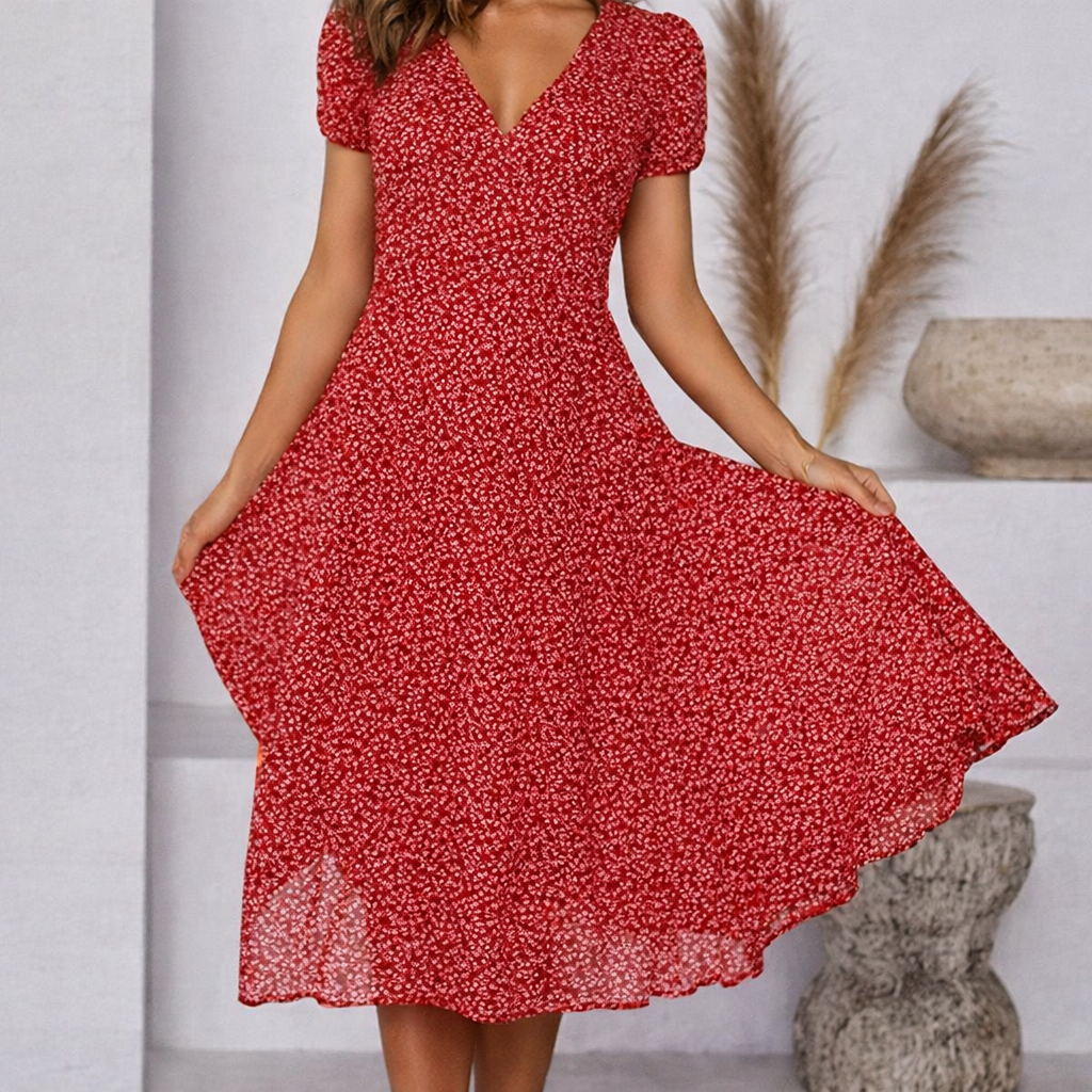 Andrea's™ | Bedrucktes V-Ausschnitt Kurzarm Schnürkleid