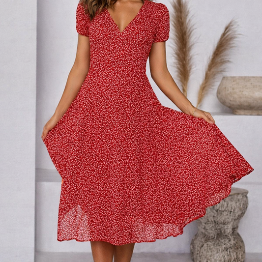 Andrea's™ | Bedrucktes V-Ausschnitt Kurzarm Schnürkleid