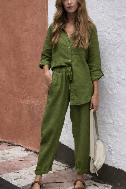 Elegantes Baumwoll-Leinen-Set Andrea Serena High Waist Hose
