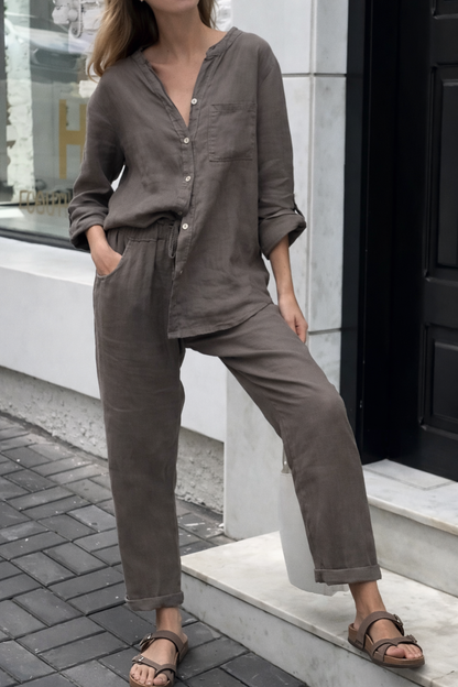 Elegantes Baumwoll-Leinen-Set Andrea Serena High Waist Hose