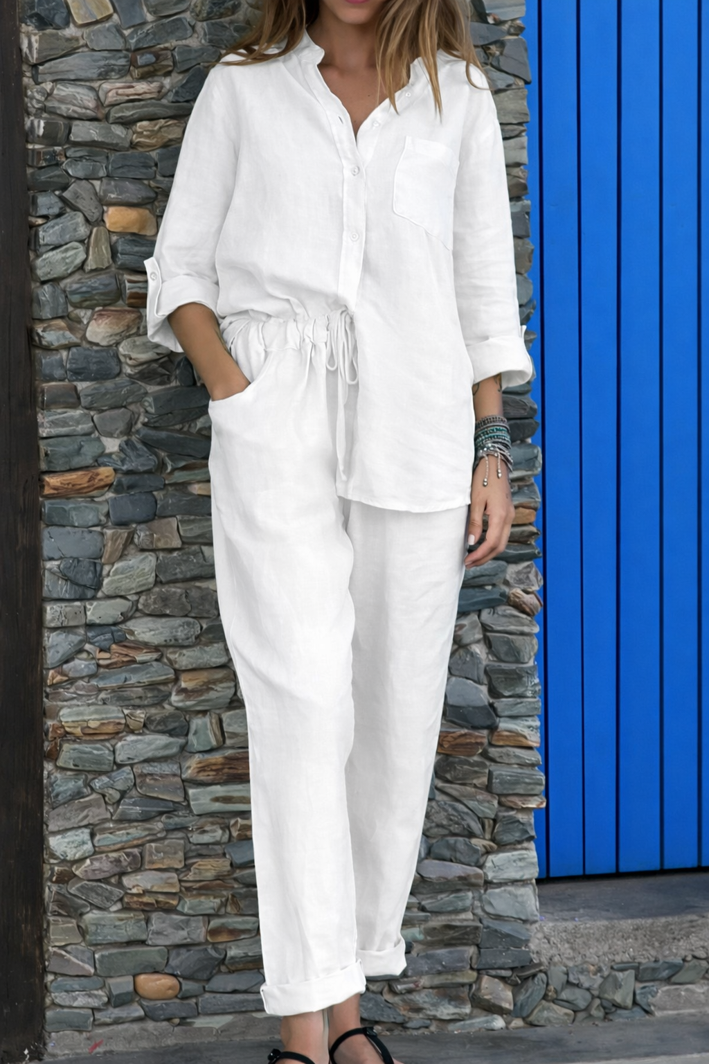 Elegantes Baumwoll-Leinen-Set Andrea Serena High Waist Hose