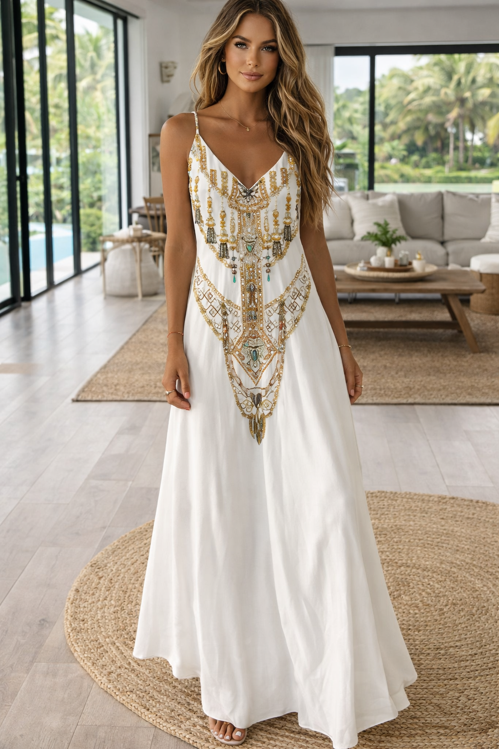 Elegantes Maxikleid von Andrea Serena mit Kartenmuster und hohem Bund