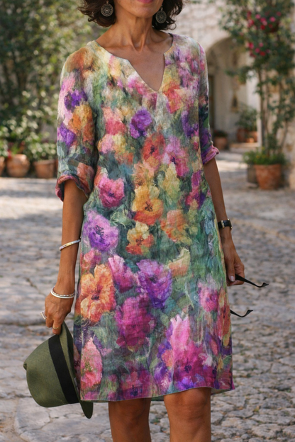 Lebendig bedrucktes Kleid mit V-Ausschnitt von Andrea Serena