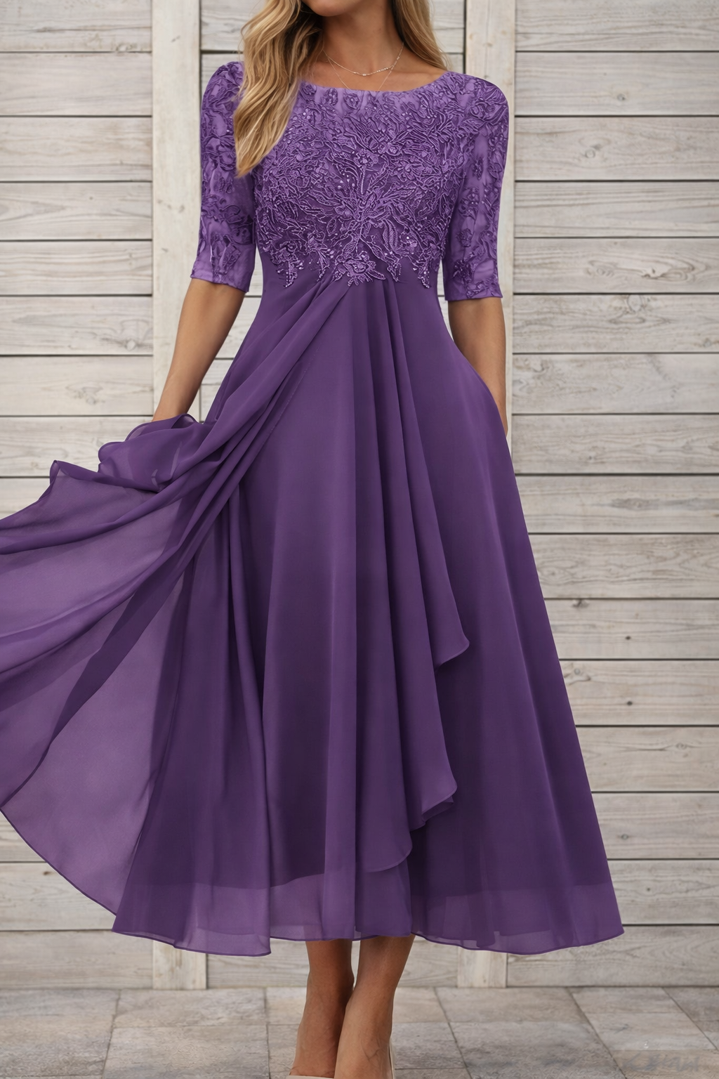 Elegantes Andrea Serena Midi-Abendkleid aus Spitze