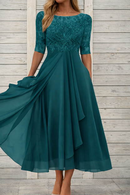 Elegantes Andrea Serena Midi-Abendkleid aus Spitze
