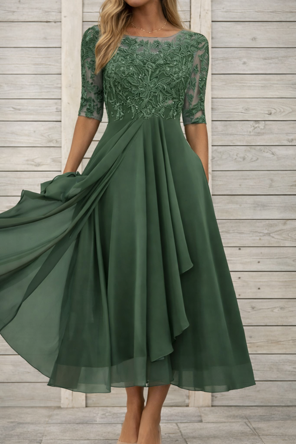 Elegantes Andrea Serena Midi-Abendkleid aus Spitze