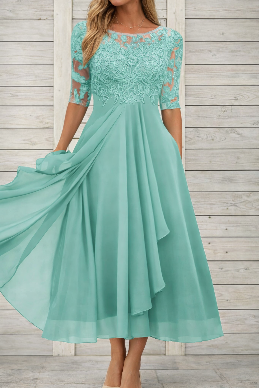 Elegantes Andrea Serena Midi-Abendkleid aus Spitze