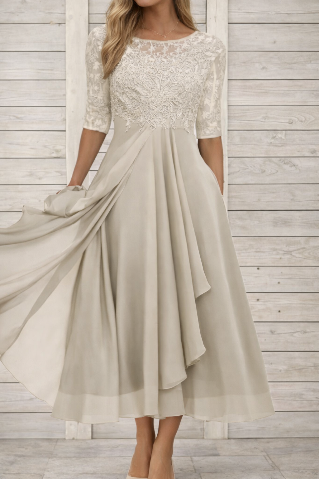 Elegantes Andrea Serena Midi-Abendkleid aus Spitze