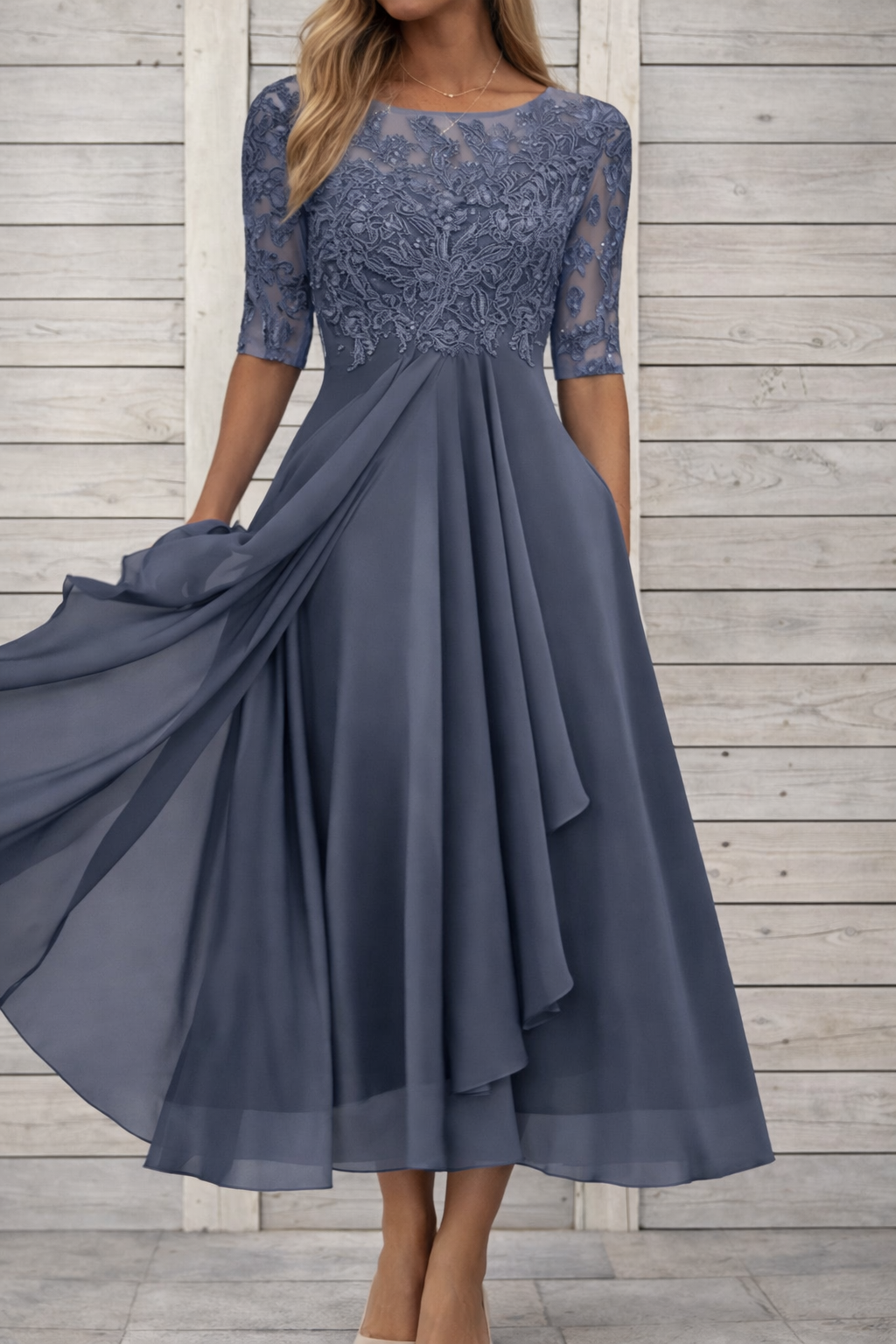Elegantes Andrea Serena Midi-Abendkleid aus Spitze