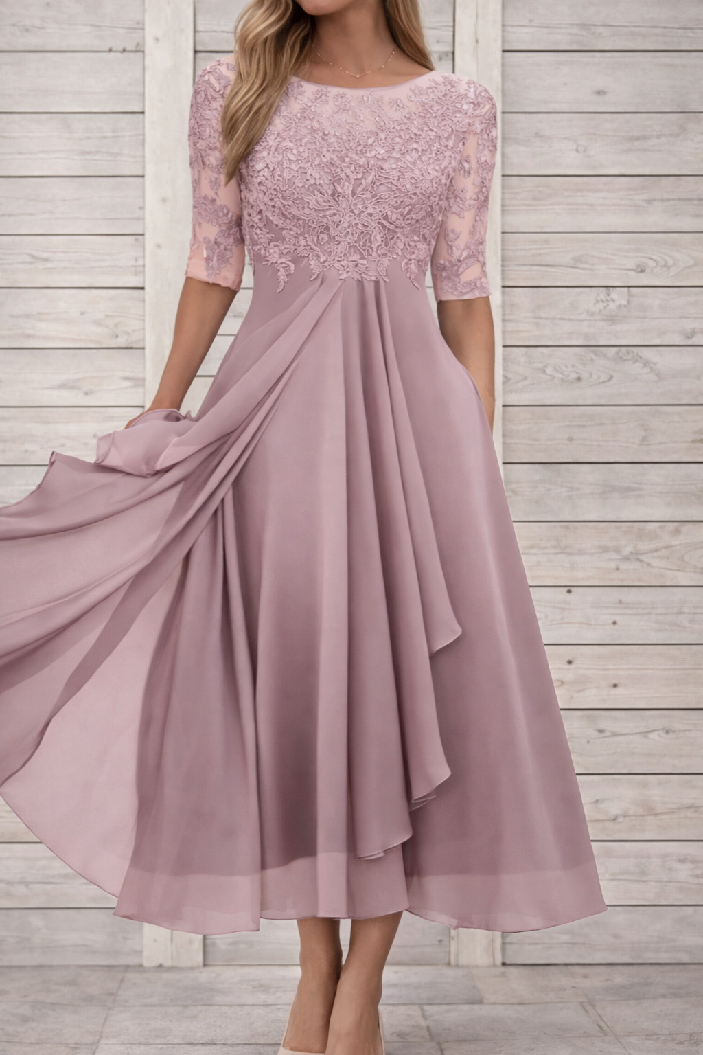 Elegantes Andrea Serena Midi-Abendkleid aus Spitze