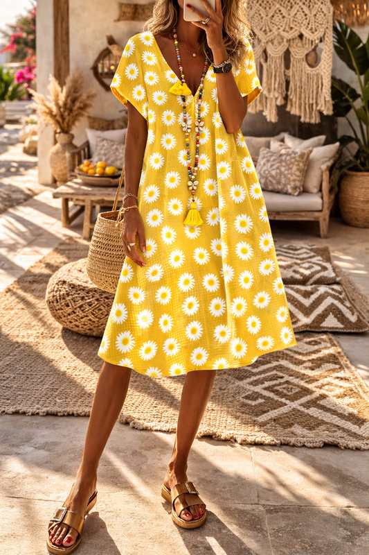 Strahlendes Sommerkleid von Andrea Serena mit Blumenmuster und V-Ausschnitt