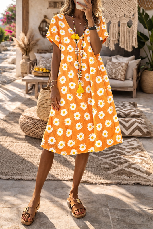Strahlendes Sommerkleid von Andrea Serena mit Blumenmuster und V-Ausschnitt