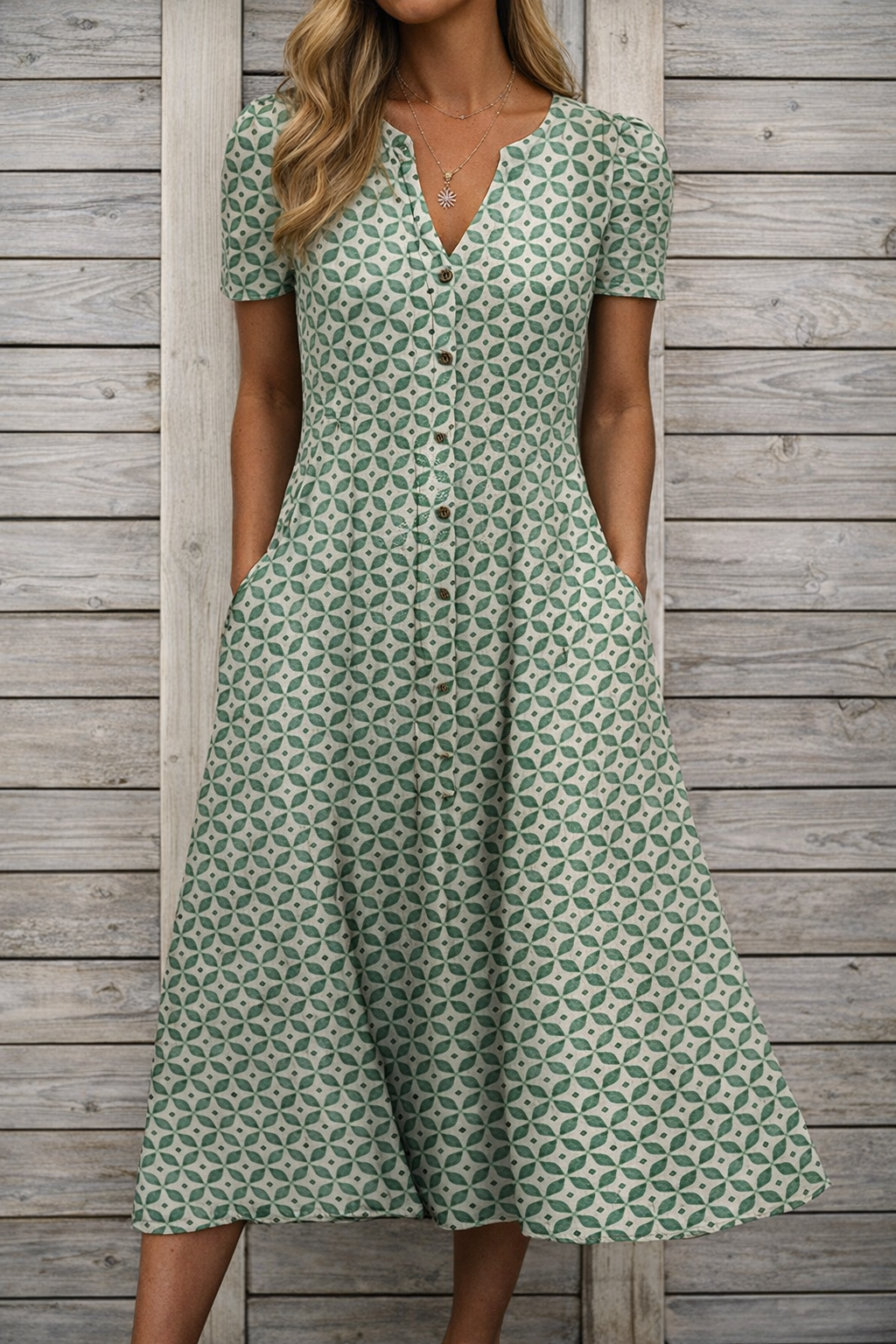 Bedrucktes Maxikleid mit V-Ausschnitt von Andrea Serena
