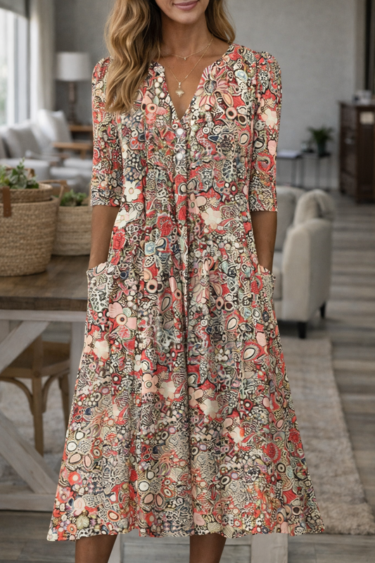 Boho-Kleid mit Blumenmuster und V-Ausschnitt von Andrea Serena