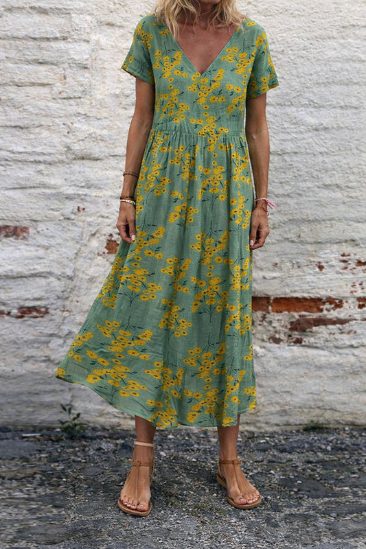 Maxikleid aus Baumwolle mit Blumenmuster und V-Ausschnitt von Andrea Serena